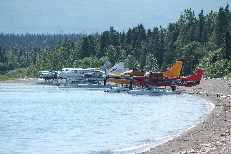 Lietadlá zaparkované na jazere pri Brooks Campe
