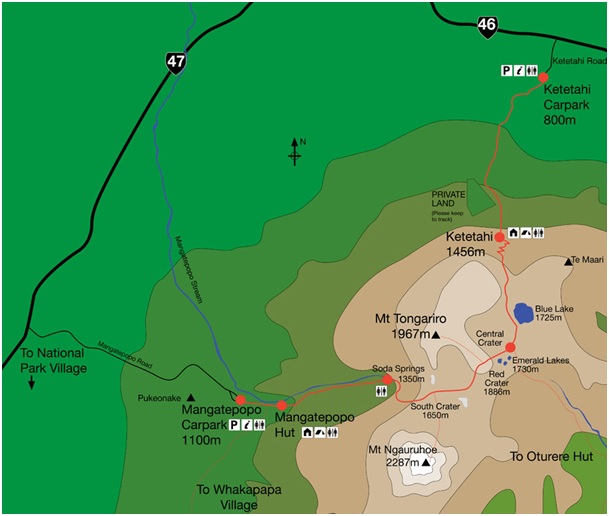 Mapa Tongariro Alpine Crossing (Zdroj: https://www.tongarirocrossing.org.nz/crossing-map)