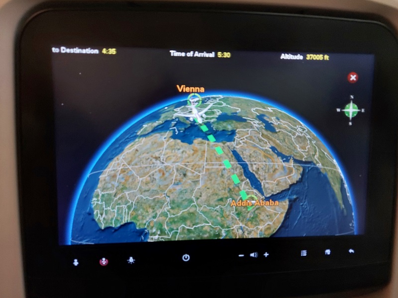 Trasa nášho letu z Viedne do Addis Abeby
