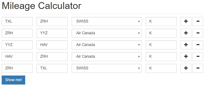 Alebo napríklad letím z Berlína do Havany leteckými spoločnosťami SWISS a Air Canada. Priamo do kalkulačky na stránke www.wheretocredit.com/calculator vyplním lety podľa kódov letísk a doplním triedu, v ktorej letím.
