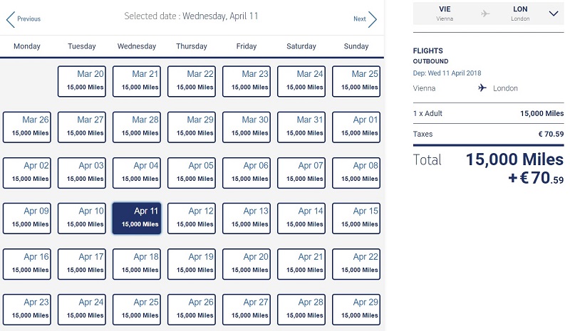 Vyhľadávanie leteniek z Viedne do Londýna v systéme Aegean Airlines. Vidíme, že letenka bude stáť 15000 míľ + 70,59 eur doplatok.
