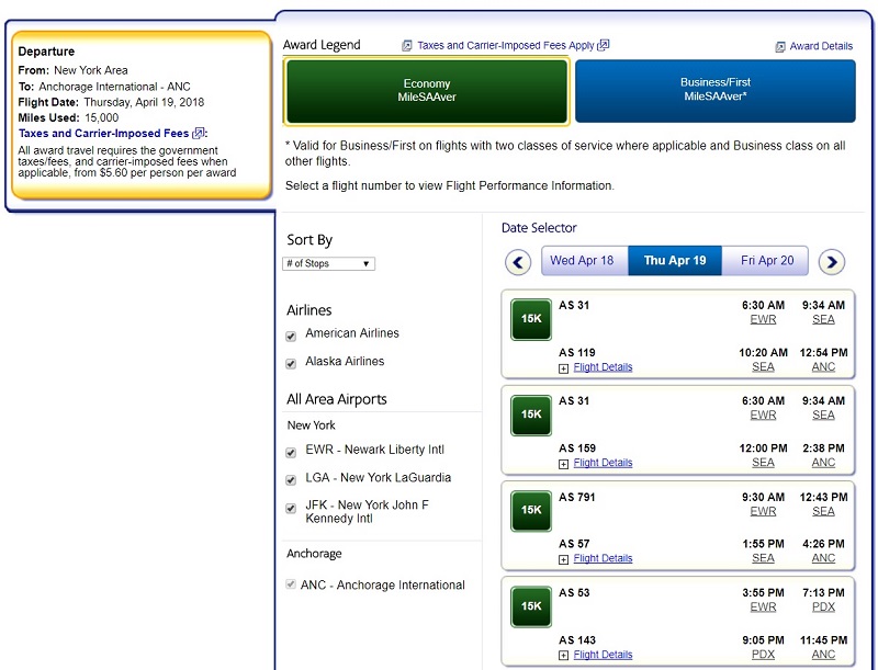 Vyhľadávanie bonusových leteniek na stránke American Airlines. Vidíme, že letenka z New Yorku na Aljašku bude stáť 15000 míľ + 5,60 usd doplatok.