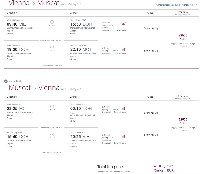 Ukážka vyhľadanie spiatočnej letenky z Viedne do Ománu na qatarairways.com, ktorej cena je 45000 míľ + 78,81 eur doplatok.