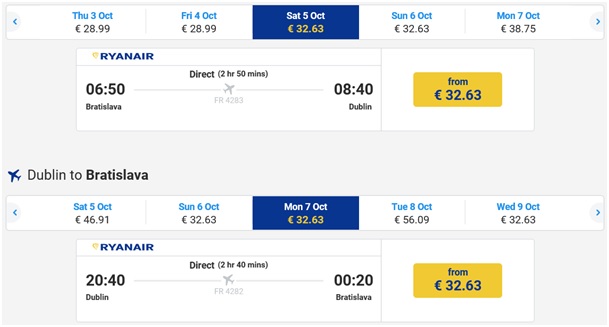 Príklad rezervácie letu Bratislava - Dublin na stránke ryanair.com
