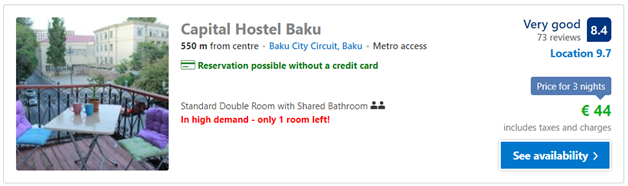 Príklad ubytovania v Baku zo stránky booking.com